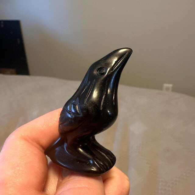 Natural Obsidian Crow Figurine Hand Carved Miniature Stone Animal