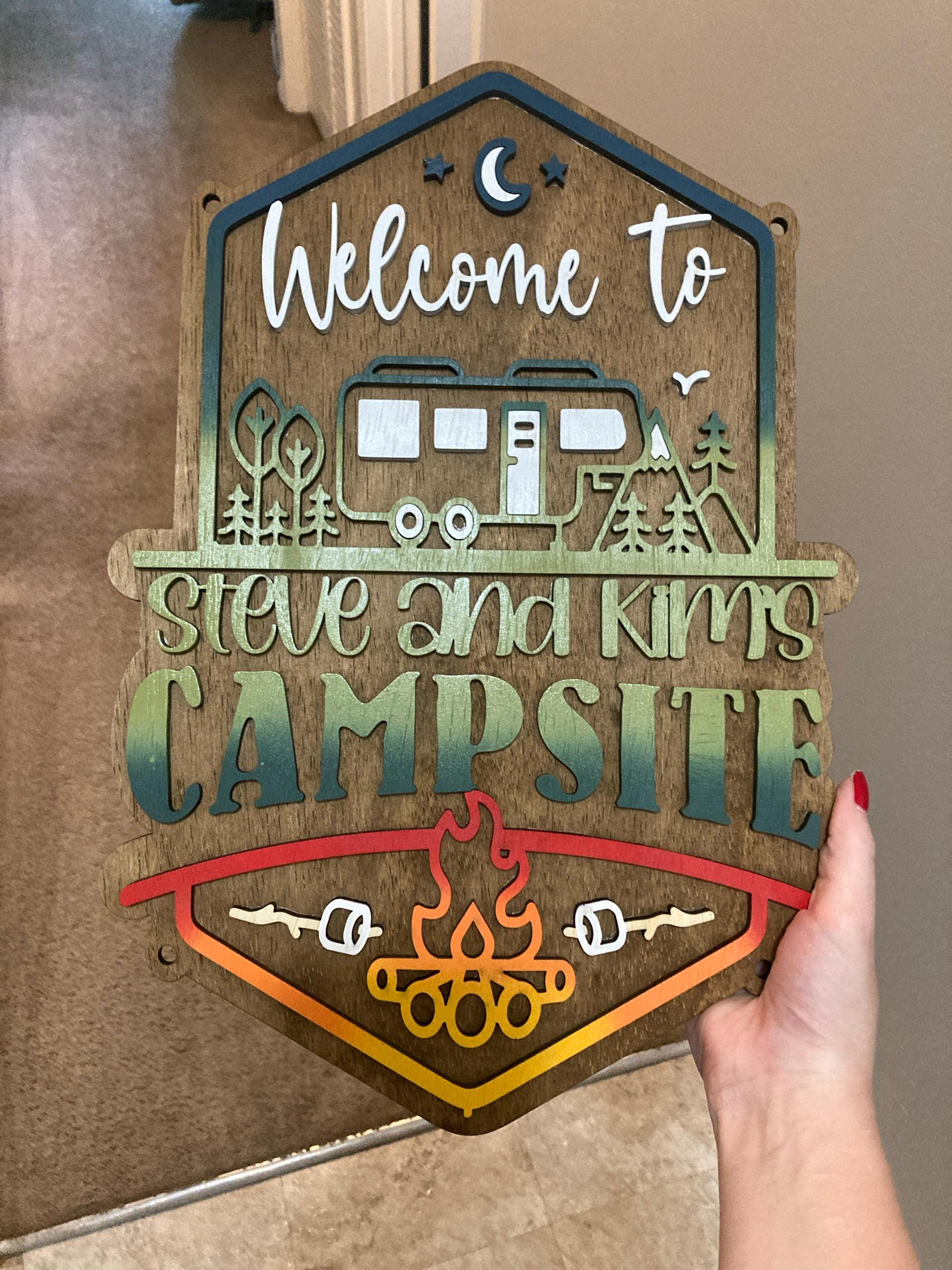 Welcome to our Mountain Campsite Personalized Sign Standard Size Only includes Yard Stake