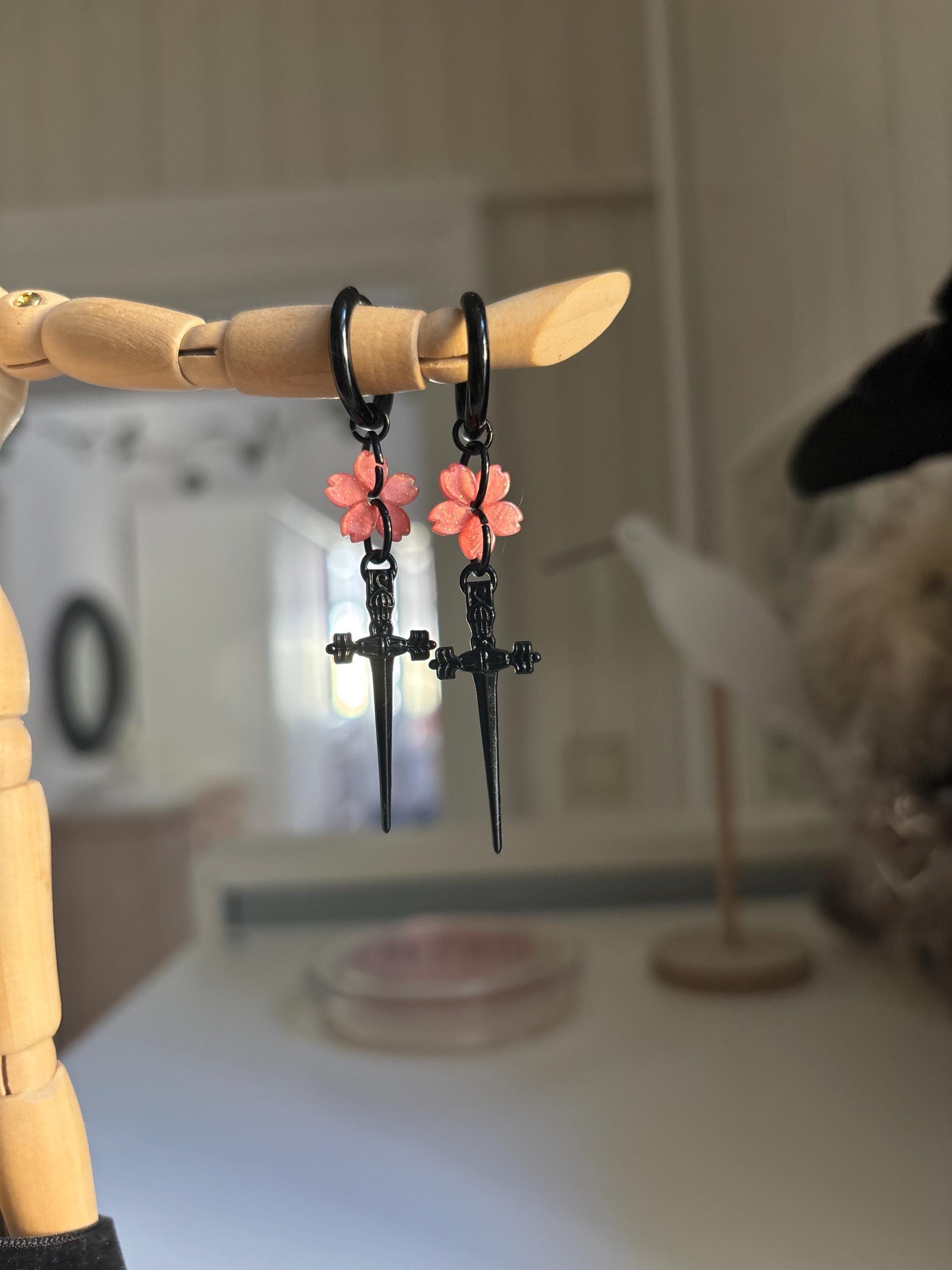 Sakura Blade Black Earrings | Cherry Blossom Sword Jewelry | Gothic Alt Earrings | Fantasy Floral Weapon Aesthetic | Stainless Steel