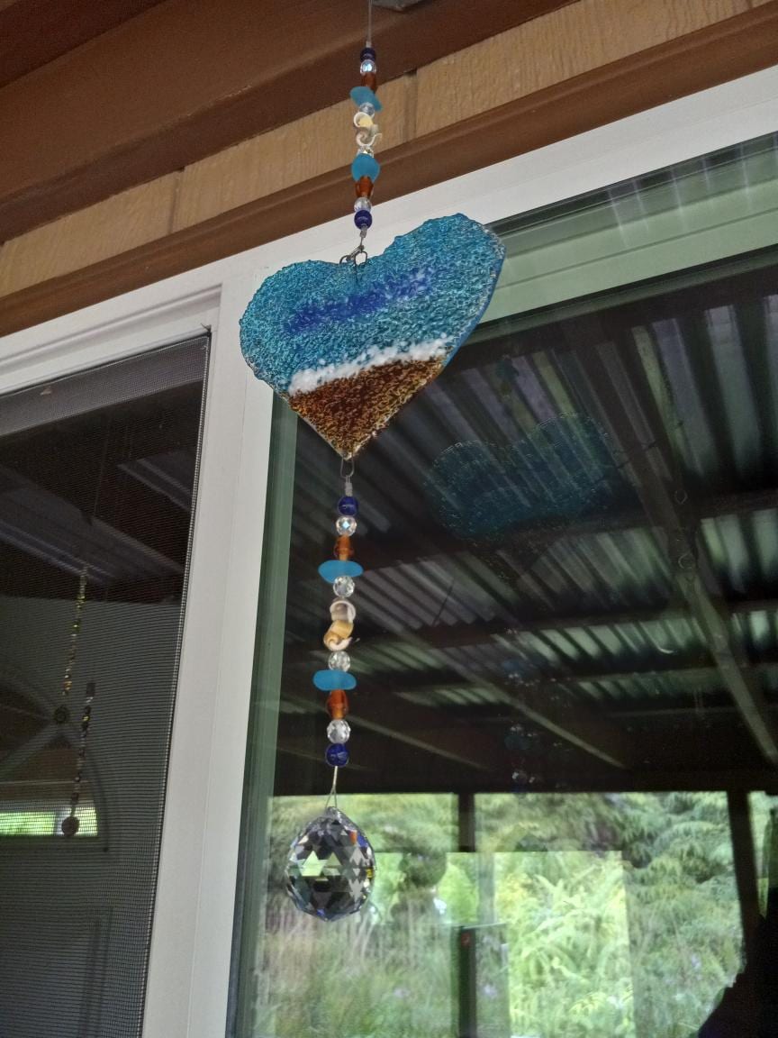 Best Seller-Ocean Suncatcher Heart-Beach Glass-Seashells-Glass Prism-Starfish-Coastal Decor-Gift for Her-Handmade Fused Glass Art
