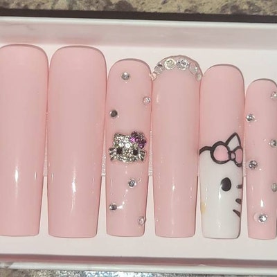 Kawaii Pastel Pink Bling Y2k Baddie Luxury Glossy Cat Press on Nails ...