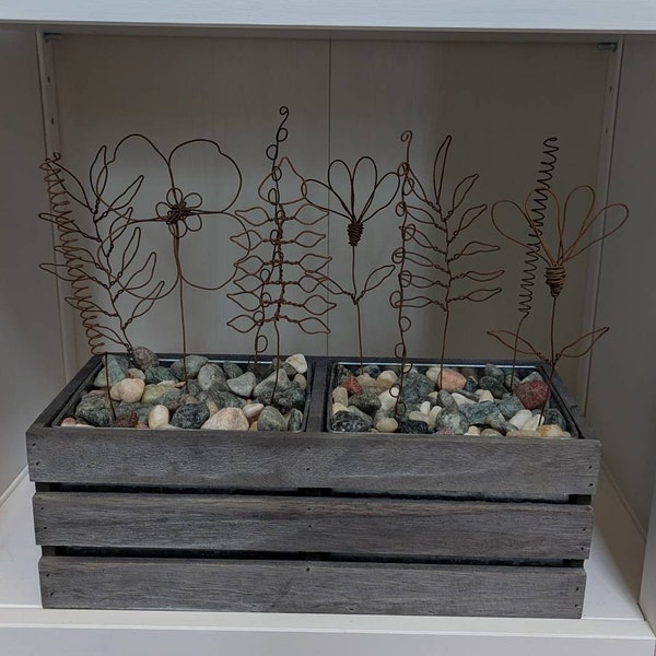 Rustic Wire Flowers With Bee on Rock Base Primitive Garden Art Wire and ...