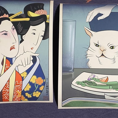 Woman Yelling at Cat Ukiyo-e Style Set of 2 Giclee Prints - Etsy