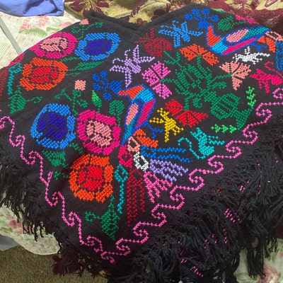 Peacock Embroidered Poncho. Colorful Poncho. Mexican Traditional Poncho ...