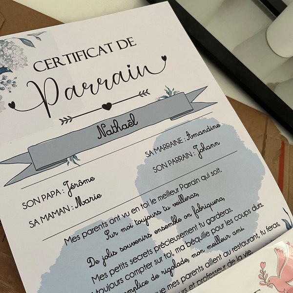 Certificat de Parrain ou Marraine - Etsy France