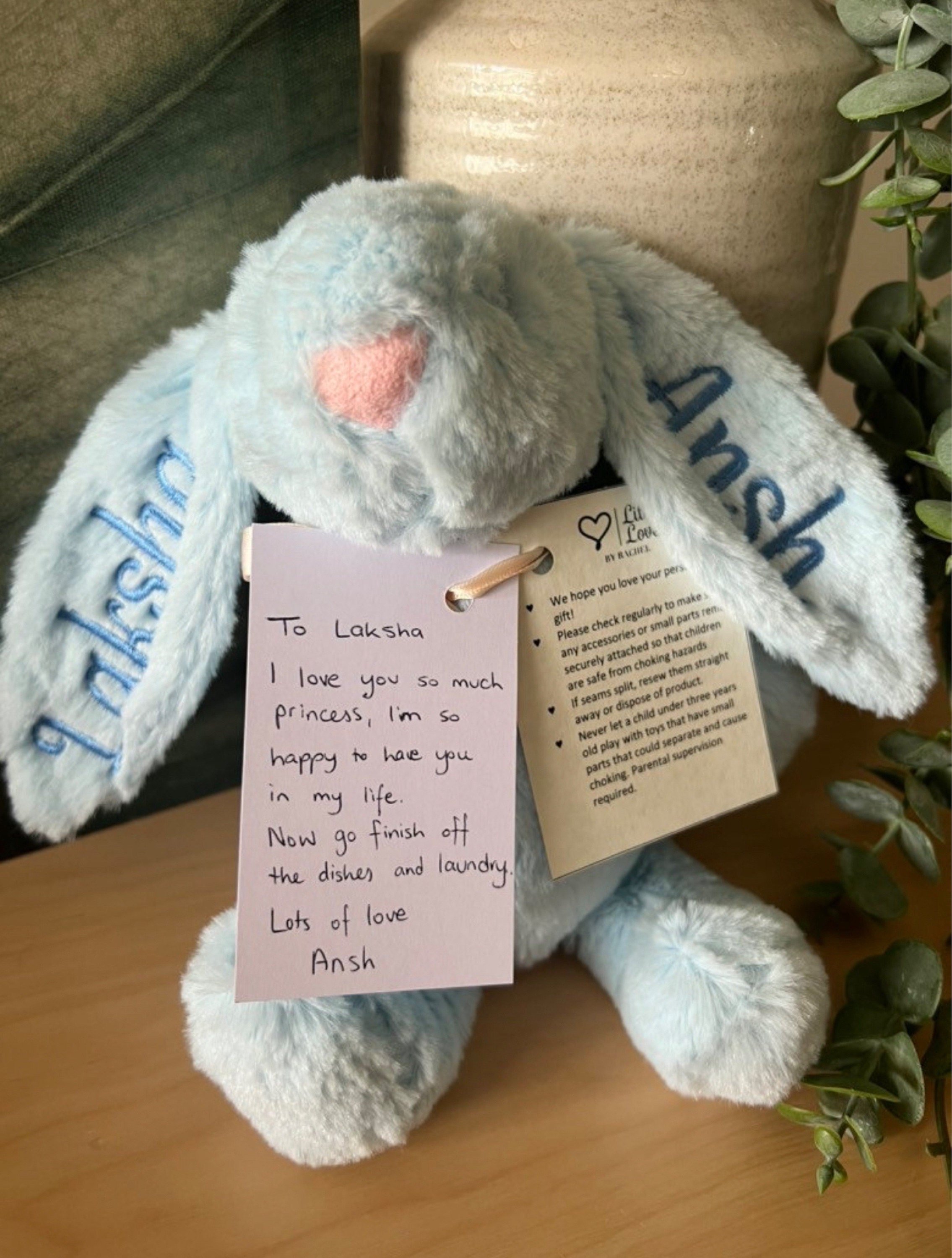 Personalised Plush Bunny Rabbits for children and babies. Floppy ear Rabbit for Easter or Birth. Customise text and colours. Embroidered ear