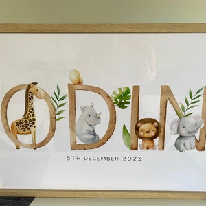 Personalised Safari Animal Name Print, Nursery Print, Nursery Wall Art, Nursery Decor, Boys Wall Art, Jungle Nursery Decor, New Baby Gift
