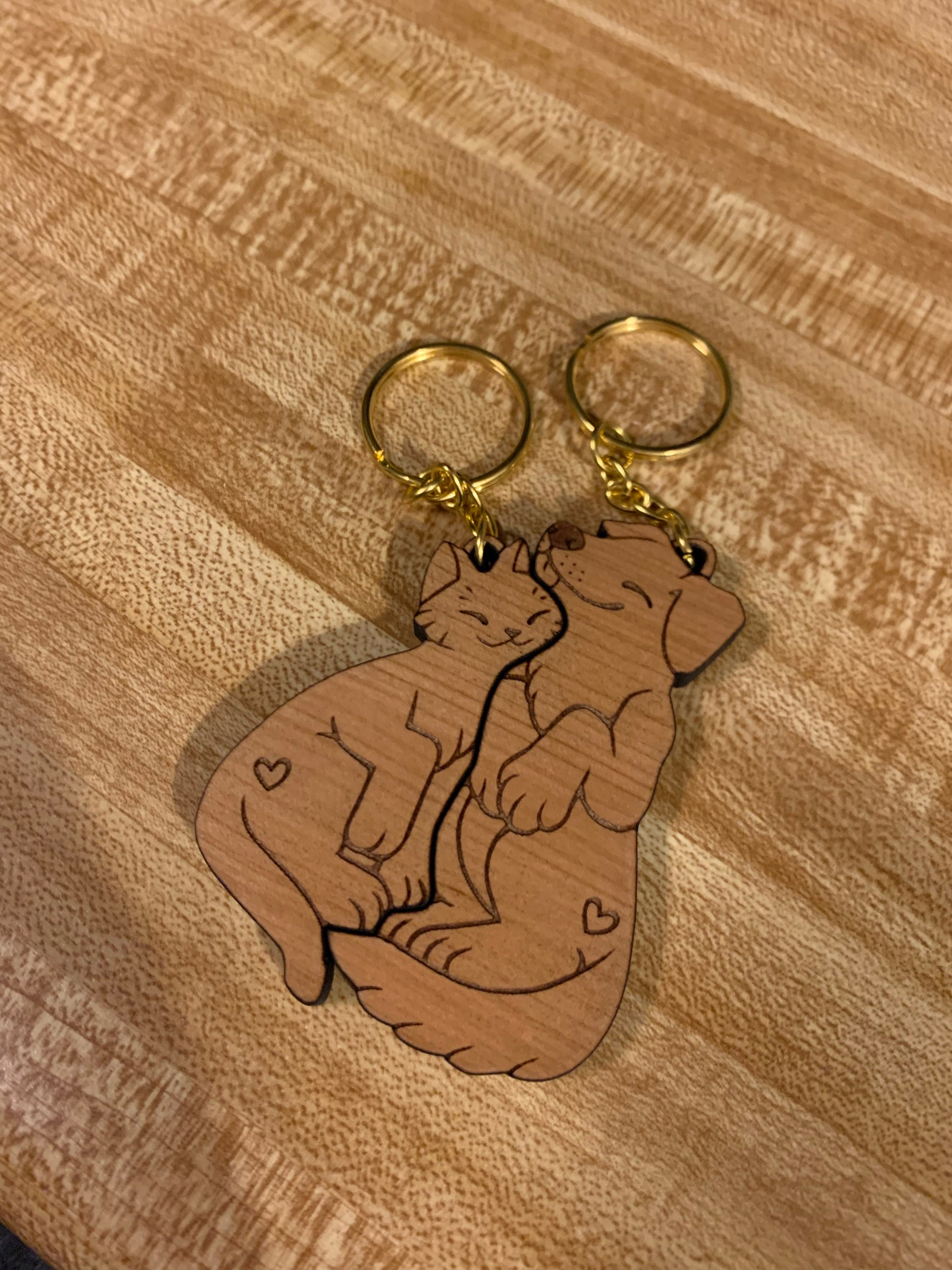 Dog and Cat Couple Keychains - Friendship or Relationship matching wooden keychain set