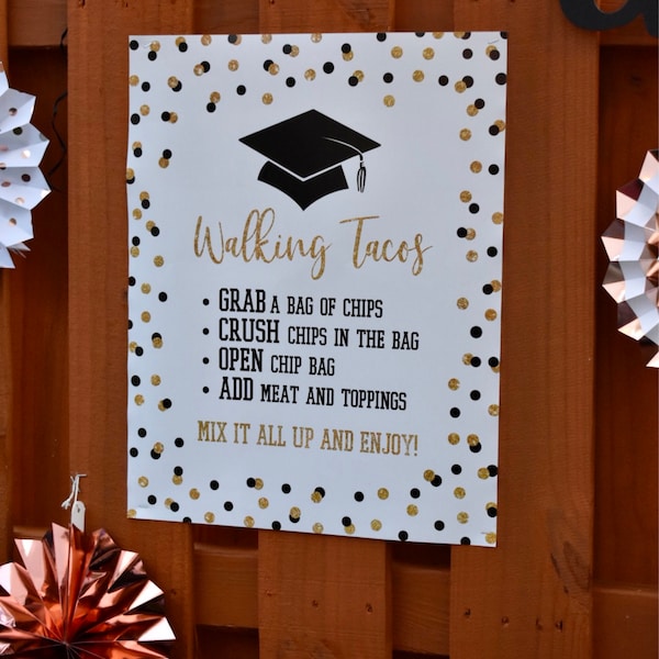 Walking Tacos Graduation Party Sign, Black & Gold Glitter Confetti Taco