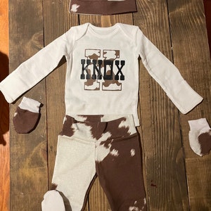 Country Boy Personalized Coming Home Outfit, Cow Hide Country Baby Boy Outfit, Newborn Outfit, Baby Shower Gift, Boy Layette, Little Cowboy