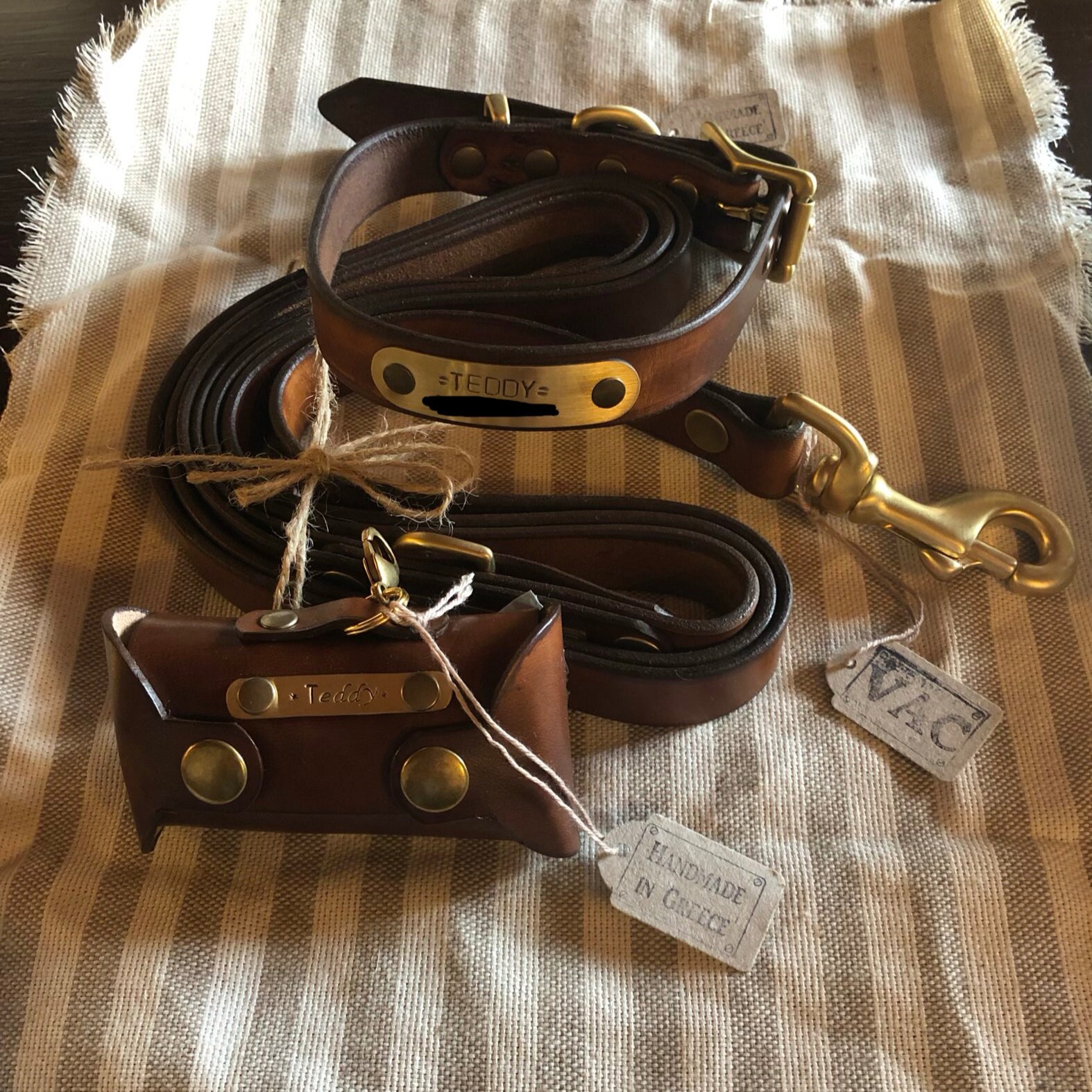 Collar Leash Set, Leather Poop Bag Holder, Leather Collar, Collar