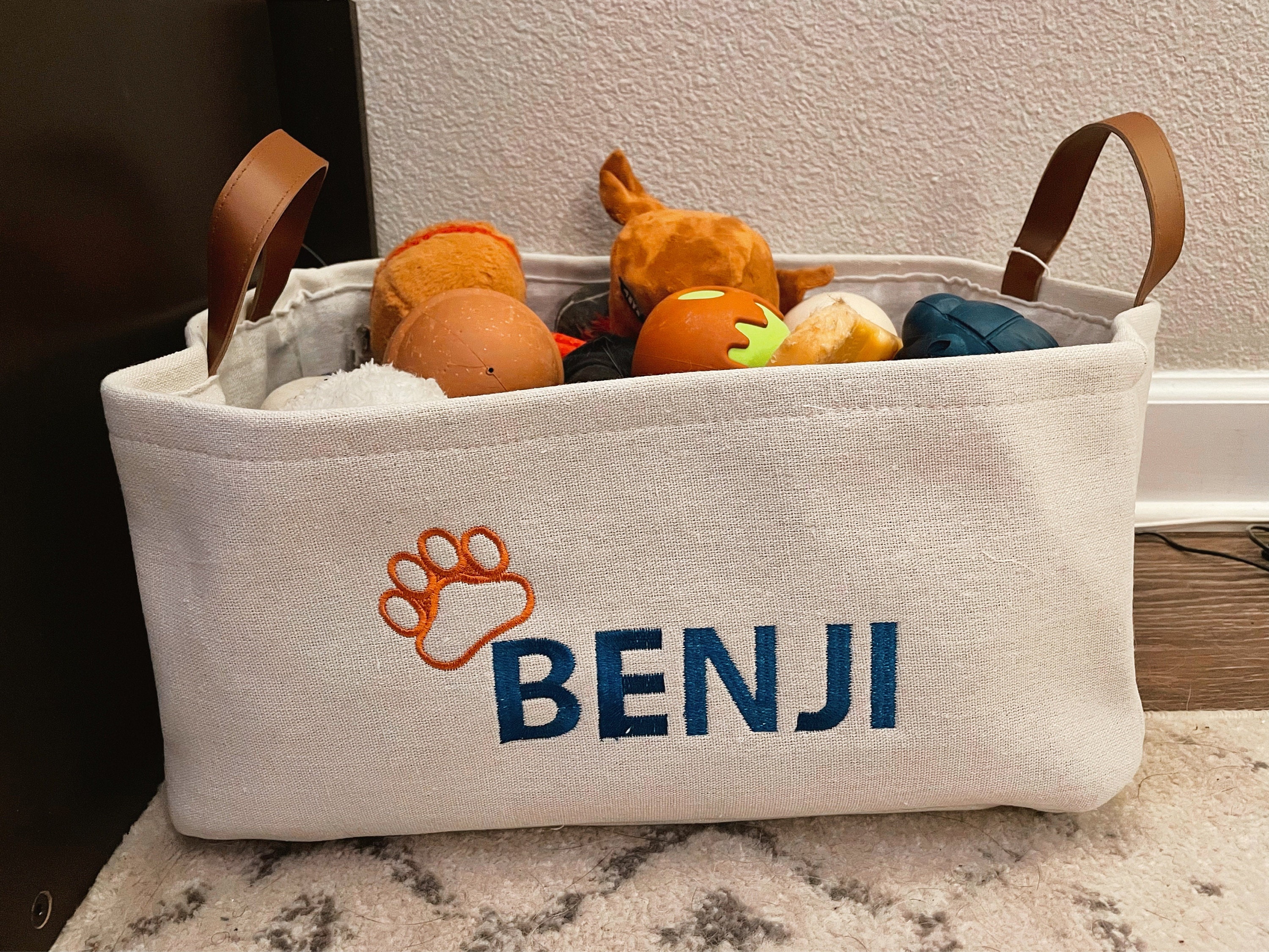 Personalized Dog Toy Bin EMBROIDERED FABRIC Storage Basket Linen Basket For Vinyl Handles Two Basket Colors Custom Dog Basket