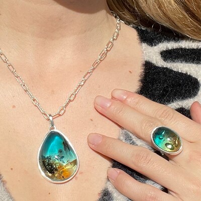 White Baltic Amber Drop Pendant, Natural Amber and Sterling Silver