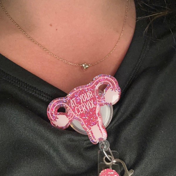 ERHACHAIJIA L&D Nurse Retractable Pink Glitter Badge Reel With Clip, Funny Medical Tools ID Card Badge Holder Gift For Nurses Doctors RN EN L&D OB