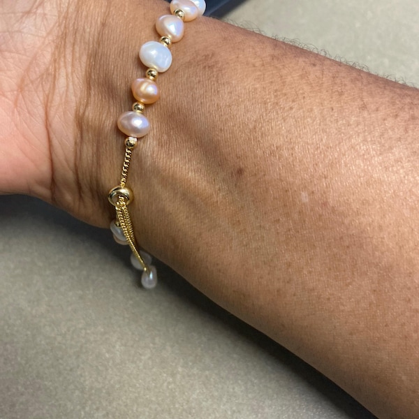 Pearl Adjustable Bangle Bracelet - Gold