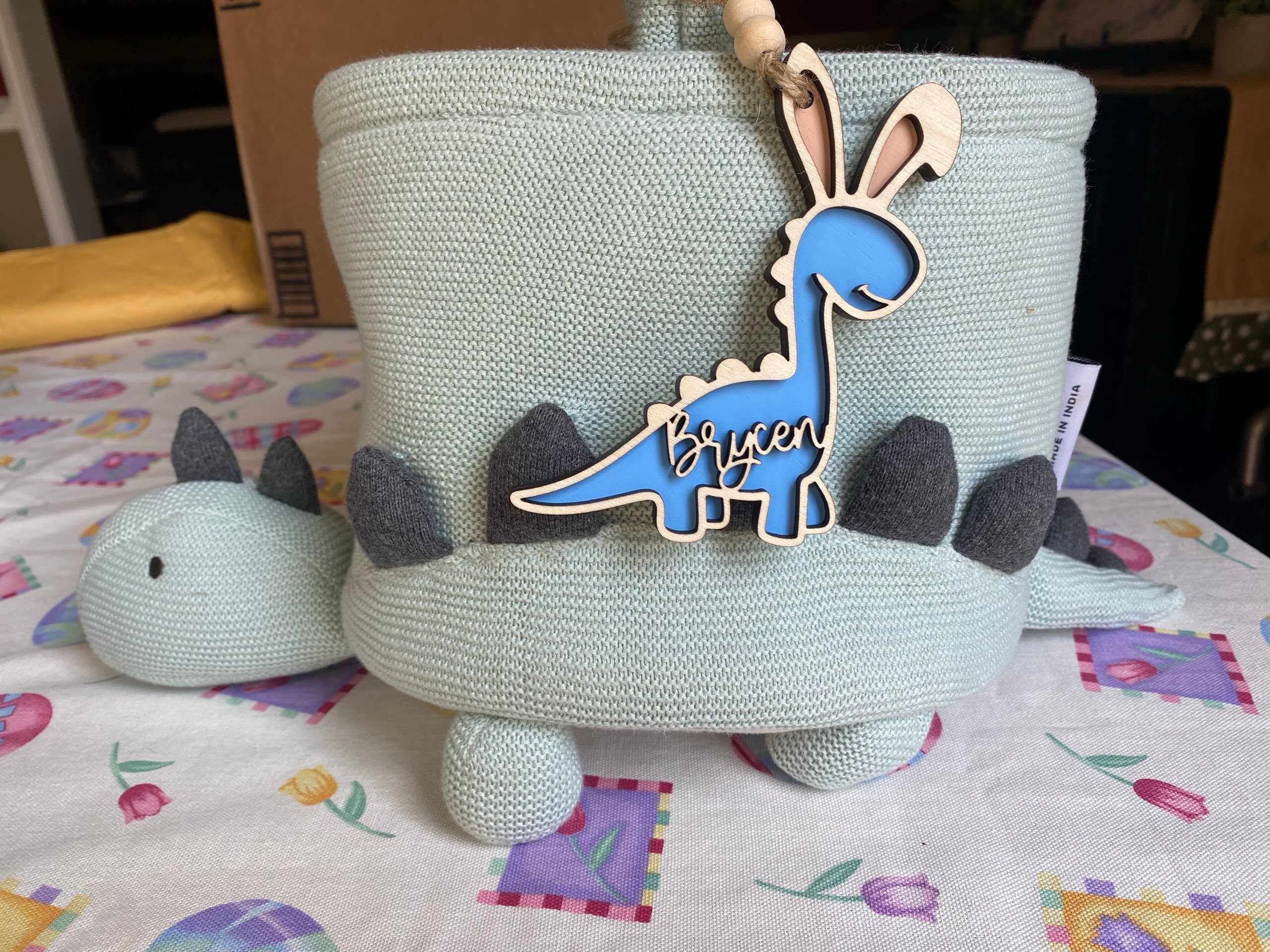 Easter basket tag, personalized name tag, dinosaur decor, Dino easter tag, easter bunny, kids easter decor, Easter egg, easter tier tray