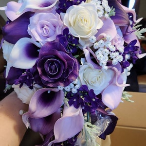 Faux Purple Flowers Cascading Bridal Bouquet, Spring Summer Wedding ...