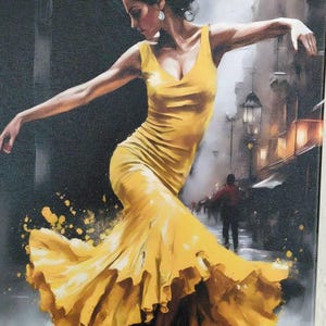 フラメンコダンサーのキャンバス：スペイン舞踊アート、黄色のドレス