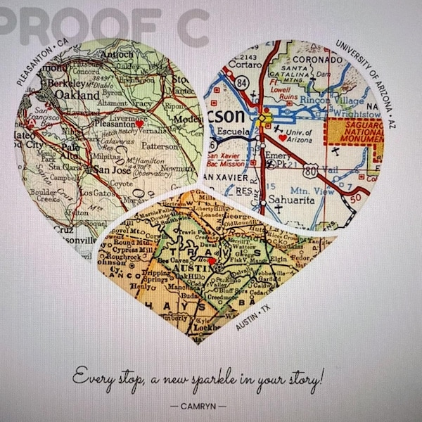 Custom Heart Map Personalized Heart Map Print: 1-6 Locations,