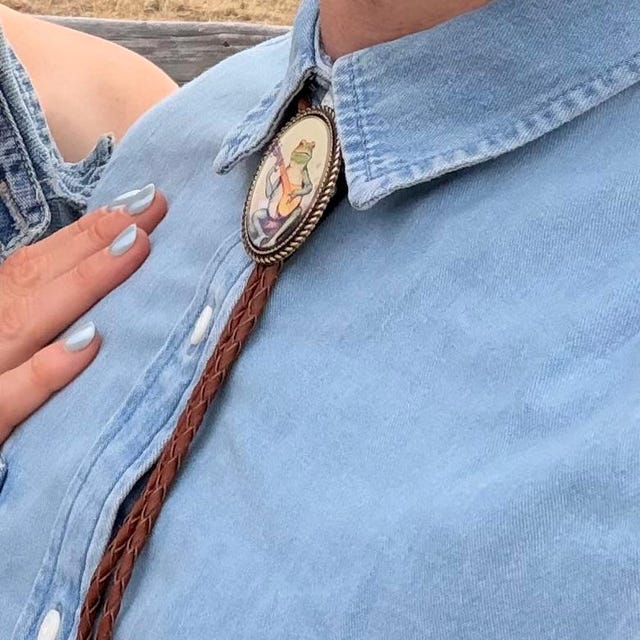 Banjo Frog Bolo Tie: Western Leather Necktie, Country Music Gift