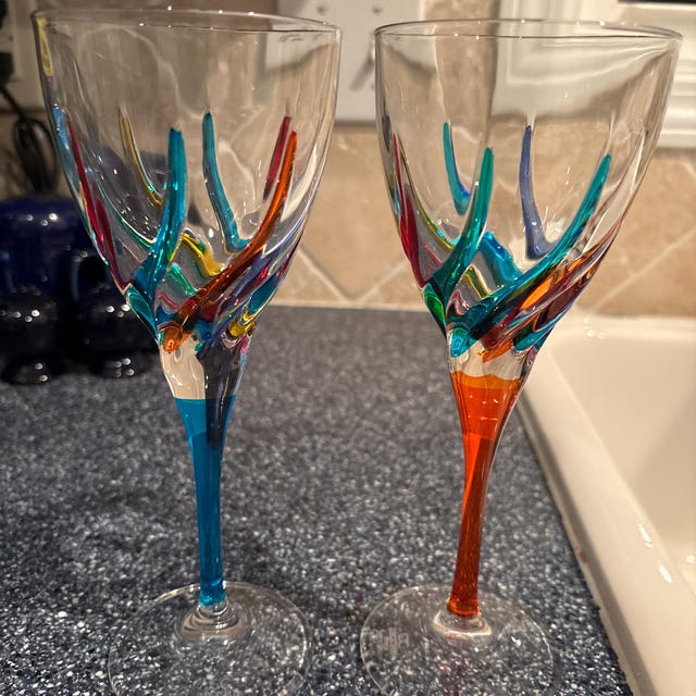 Set of 6 Six Murano Glass Wine Multi Stem Hand Painted Height 19cm