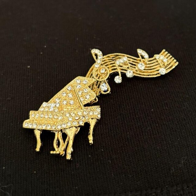 Alilang Sparkly Crystal Rhinestone Grand Piano Brooch Pin - Golden Tone Enamel Music Lover Gift