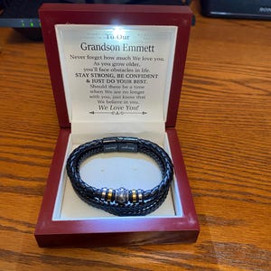 GLAVICY To My Grandson Bracelet - Stainless Steel & Vegan Leather Bracelet With Engraved Message