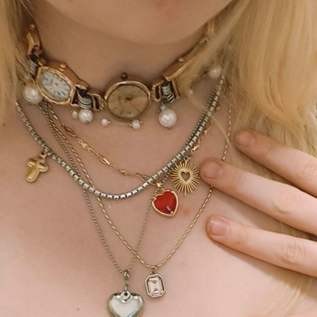Y2K Watch Necklace: Punk Cross Heart Layered Titanium Alloy