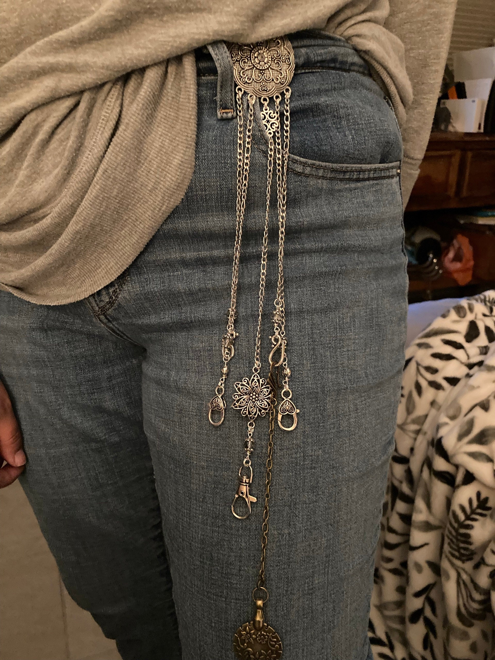 Round Floral Chatelaine with Waist Clip  5 Chains and Hooks for Fiber Arts