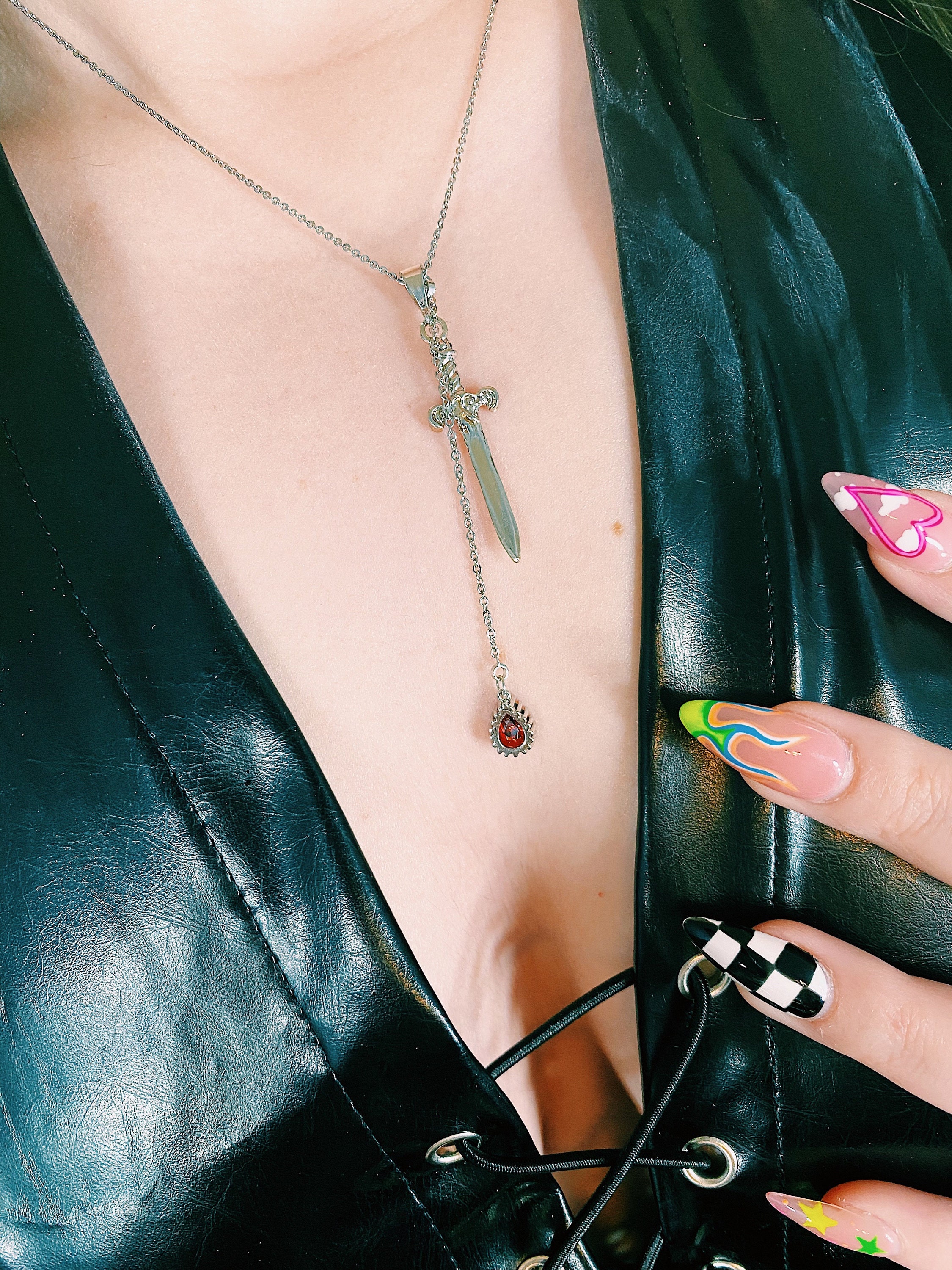Sword and Blood Drop Necklace / Gold or Silver, Black Deep Red Teardrop Necklace
