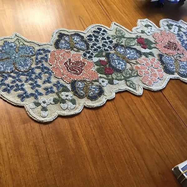 Handmade Table Runner, Floral Beaded Runner on Burlap, Multicolor ...