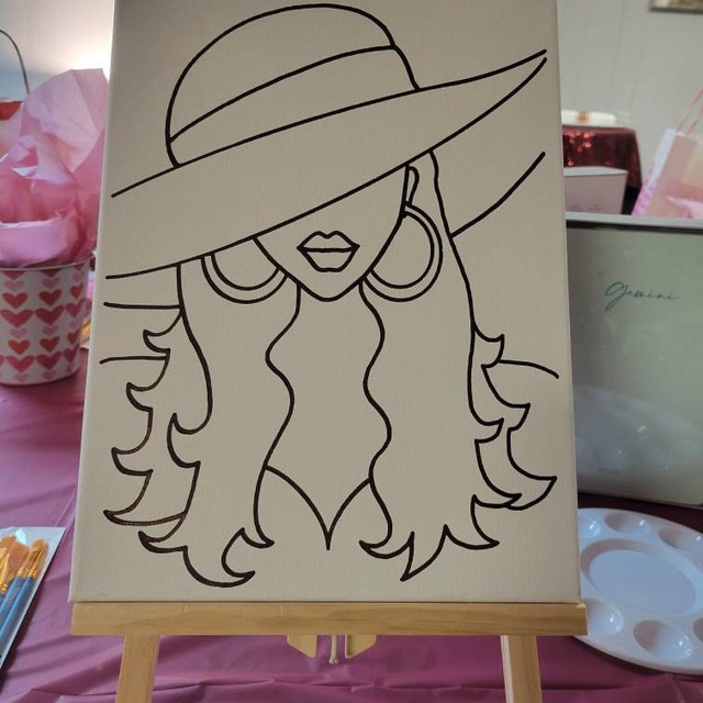 Predrawn Canvas Outlined Sketch for DIY Sip Paint Party, Sun Hat