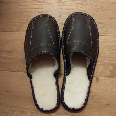 Leather Fur Slippers for Men, Winter Mules Slippers, Handmade Slippers ...