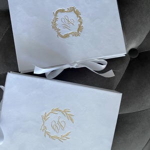 Sample of Sage Green Folio Wedding Invitations | Velvet Hardcover Wedding Invitations with Monogram | Book Cover Invitations | Non-custom