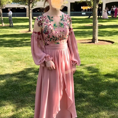 Floral Chiffon Long Sleeves Prom Dress. Custom Blush Elven - Etsy