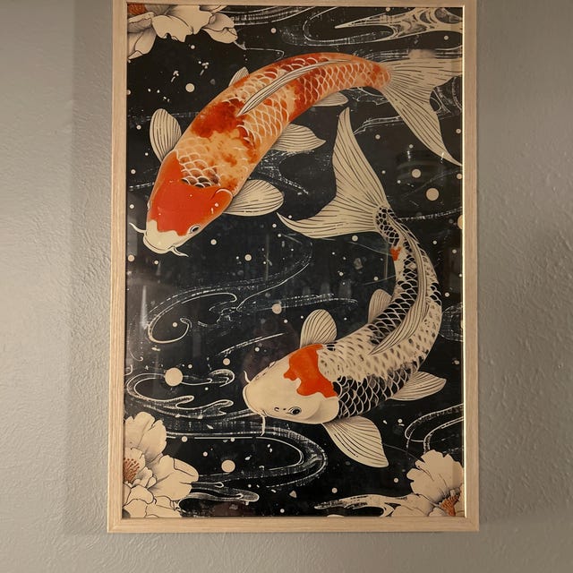 日本の鯉の壁掛けアートプリント｜日本の木版画、魚、穏やかな禅の日本