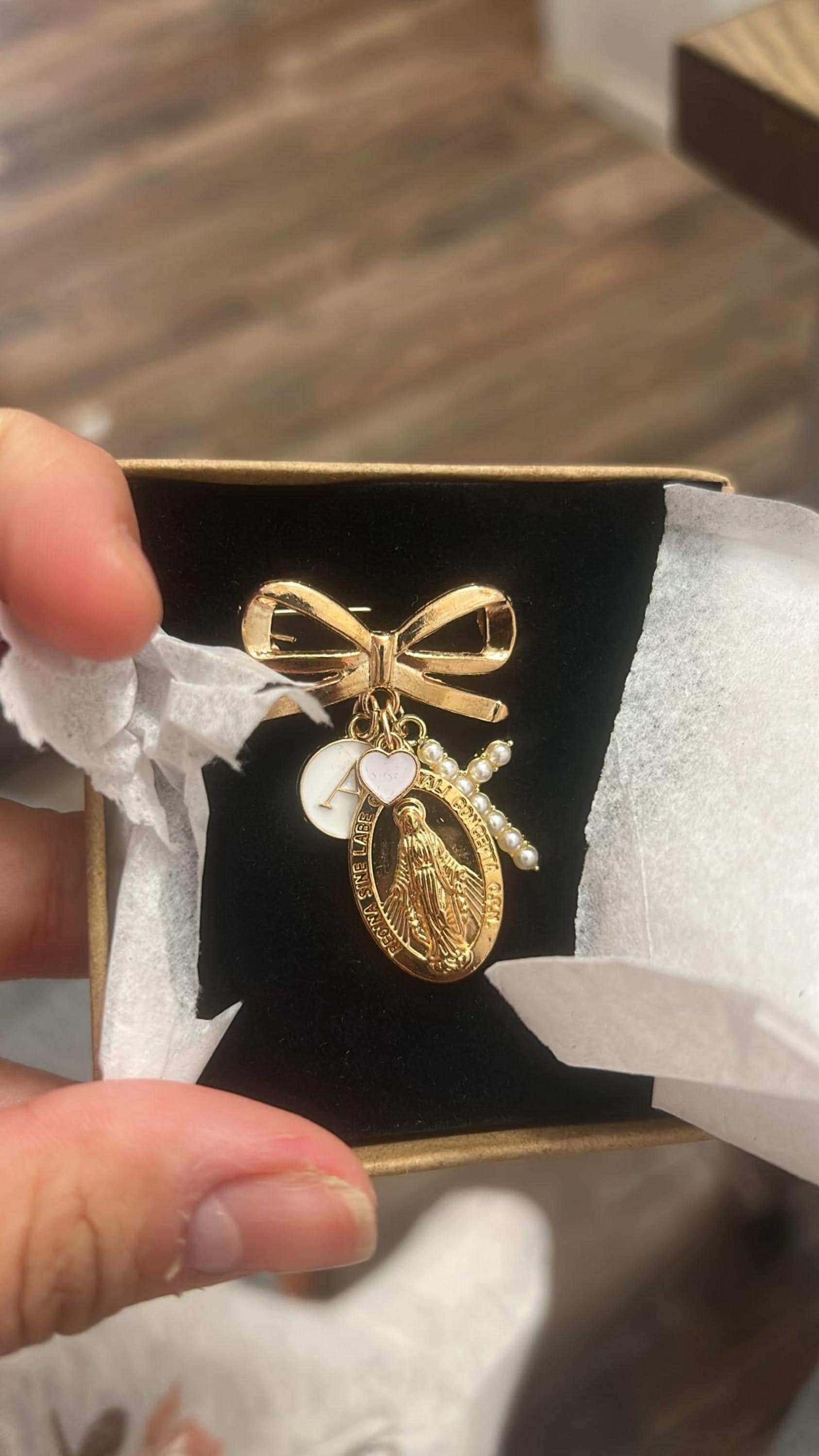 Personalized Virgin Mary Baptism Pin: Gold Cross, Initial Brooch