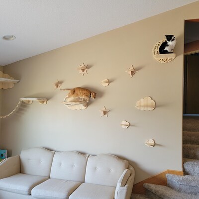 Wall Cat Shelves Wood Cat Wall Shelves Cat Furniture - Wooden Cat Shelf Mounted Indoor Cats Rustic Decor Lover Gift Set 2 Hex
