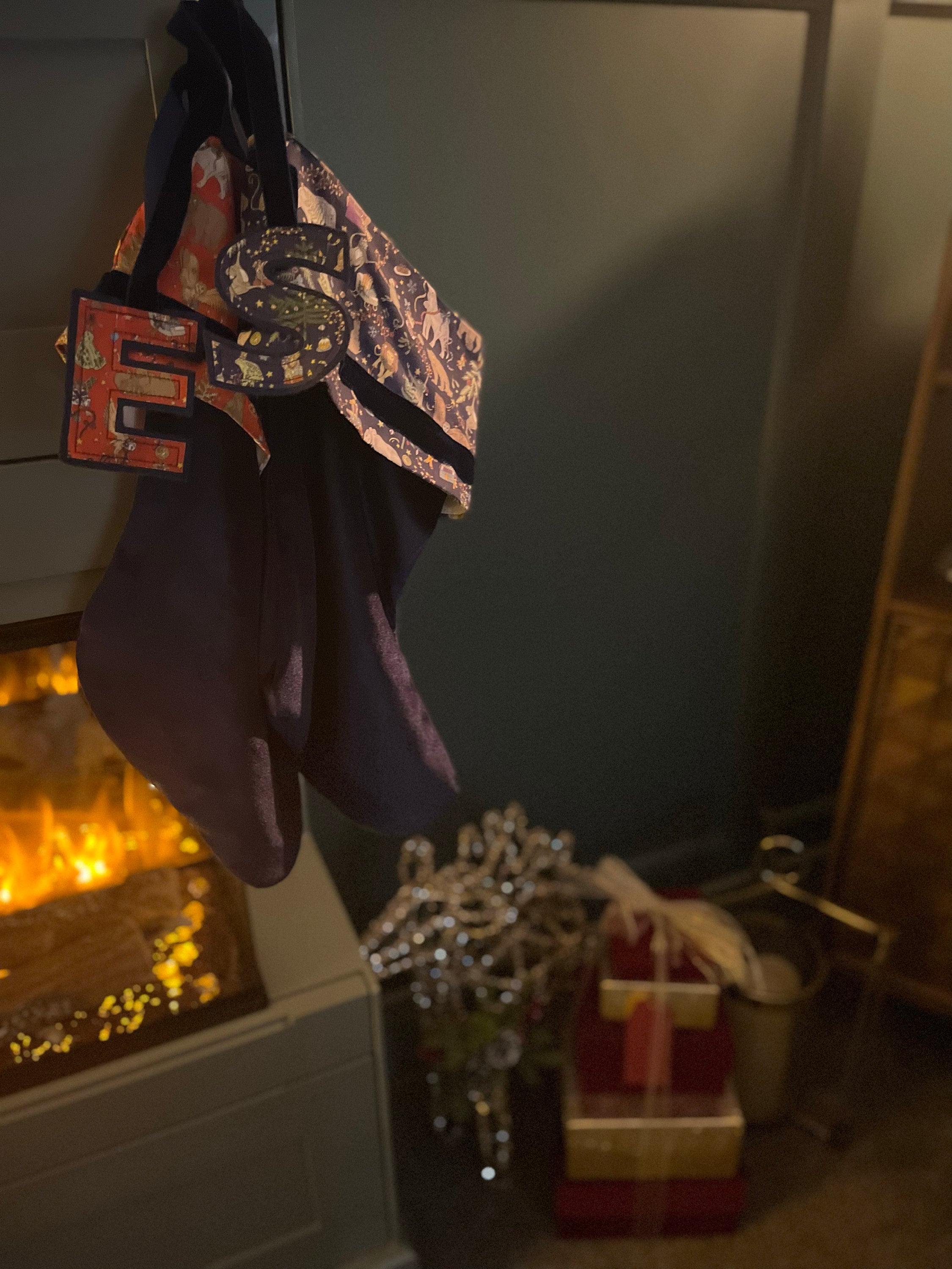 Liberty and velvet Christmas stocking with optional personalisation.