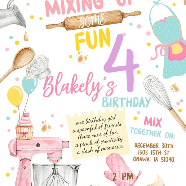 Editable Baking Birthday Party Invitation Kids Cooking Birthday Girl ...