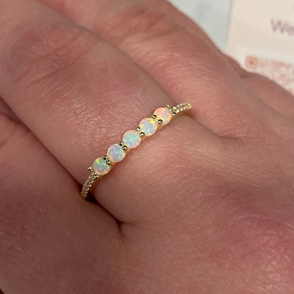 Opal Ring, Opal Stacking Ring, White Opal and CZ Ring, Gold Opal Ring ...