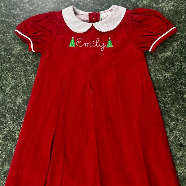Susanne Lively Girls Red Corduroy Christmas Dress - Embroidered Candy Cane Ruffle Collar