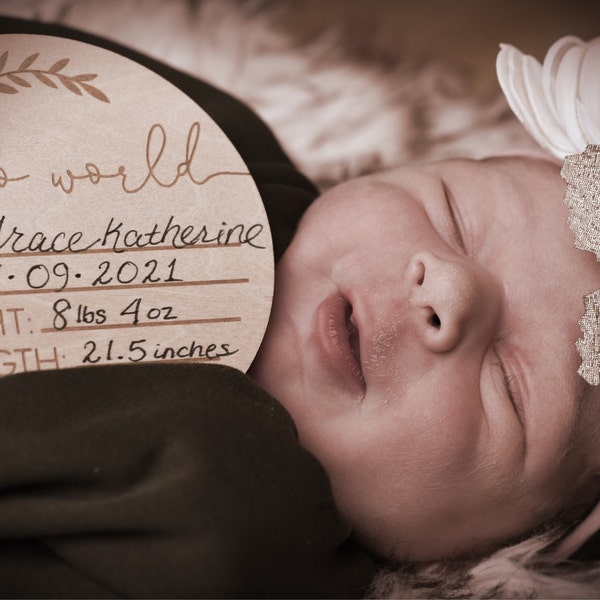 Baby Birth Announcement Wood Discs - Milestone Card - Hello World Sign ...