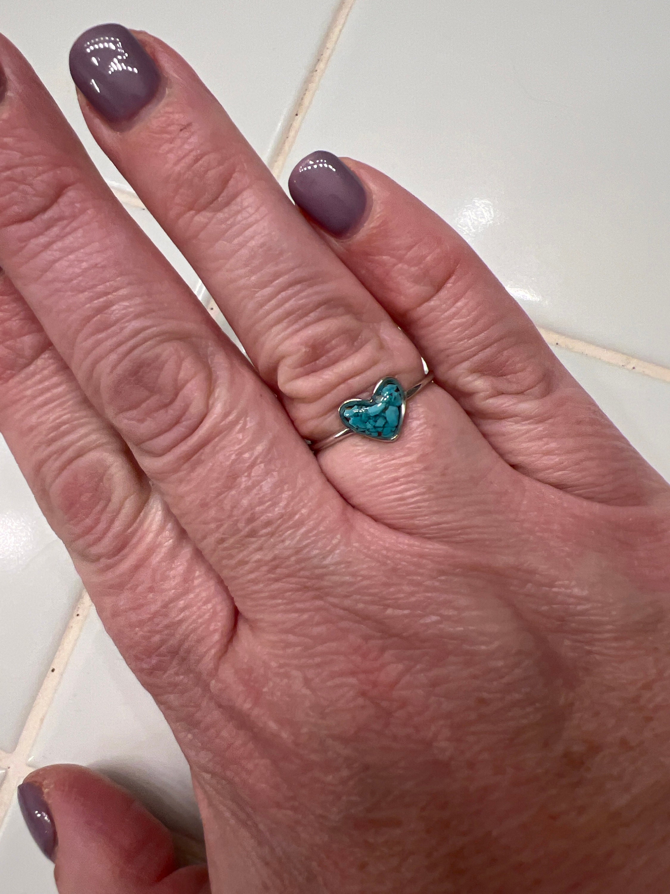 Genuine Turquoise ring | .925 sterling silver | unique crushed stone ring | hypoallergenic | boho statement jewelry | detailed | heart shape