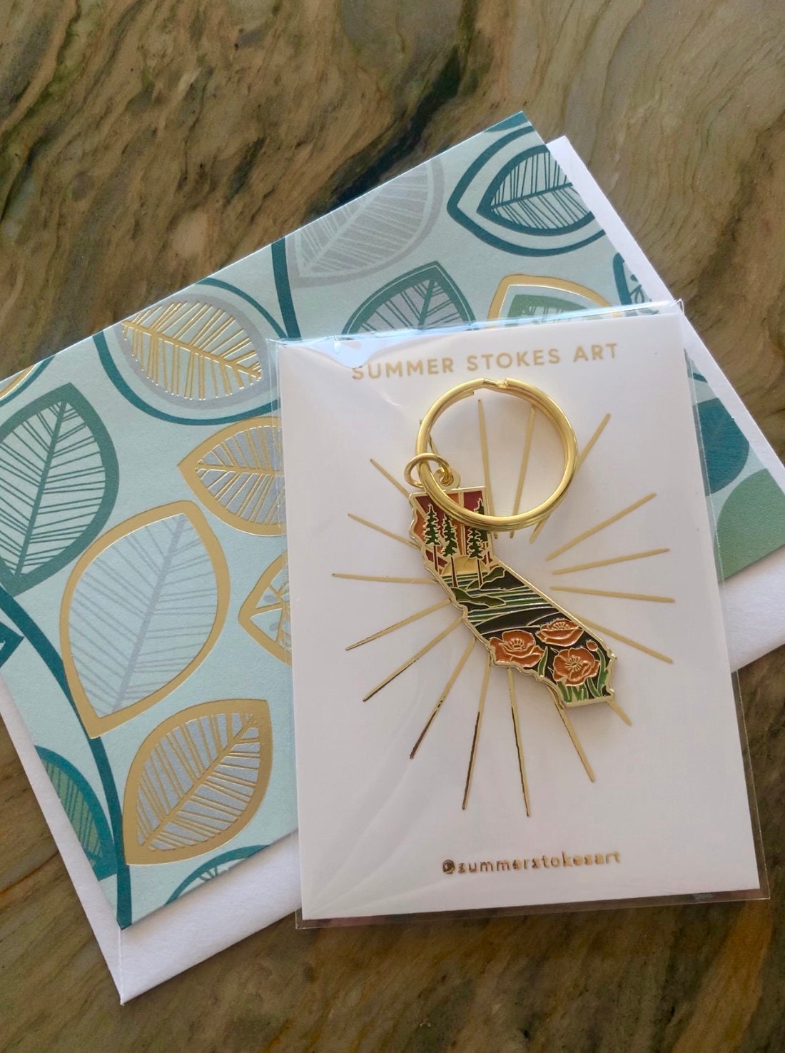 California Poppy Soft Enamel Keychain 1.5&quot; | California Outline Key Ring | Illustrated State Keychain