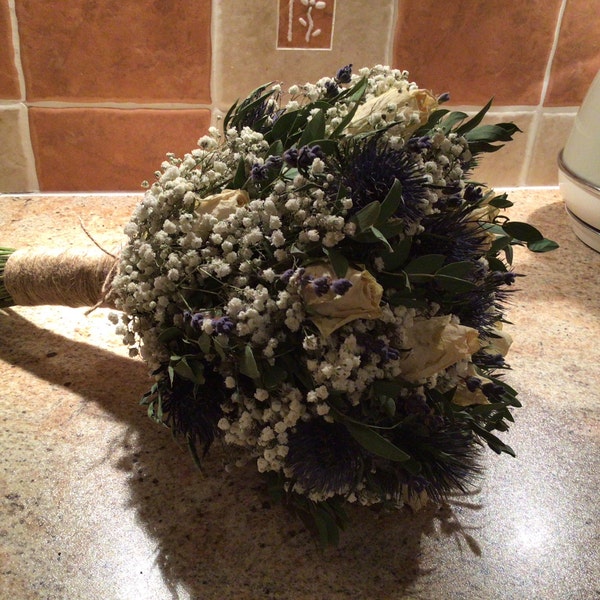 Dried Cream Rose Bouquet, Dried Blue Thistle Bouquet, Scottish Wedding ...