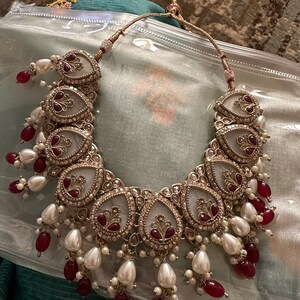 Royal Pearl Jadau Choker Necklace with Rani Haar and Charming Earrings Tika Set main image 0