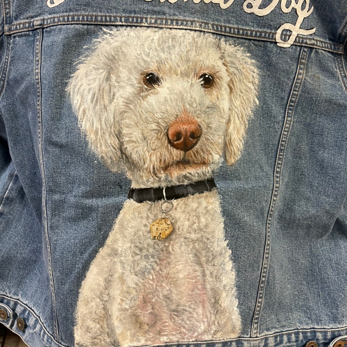 Pet Portrait Custom Denim Jacket- Hand-Painted vintage Adult denim jean Jacket- Paint from photo personalised painted pet design