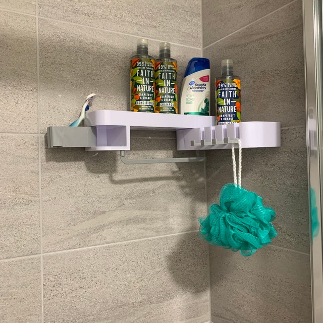 TBM Bathroom Corner Storage Shelf / Self Adhesive Bathroom Storage Organizer  With Hooks / Shower Caddy Rotatable 