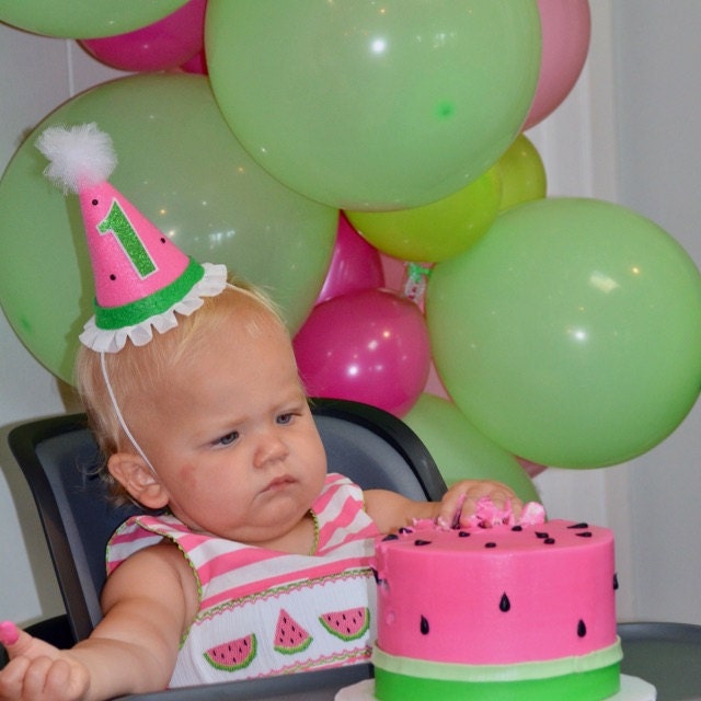 Watermelon Happy Birthday Party Banner Sign Pink Green Silver Tutti Frutti